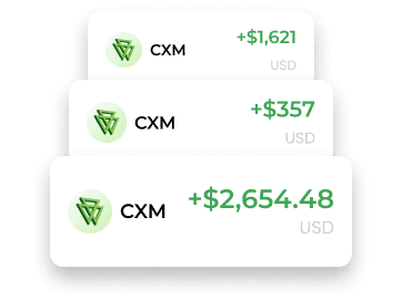 Historial de transacciones de rebates de CXM con pagos de USD 1.621, USD 357 y USD 2.654,48