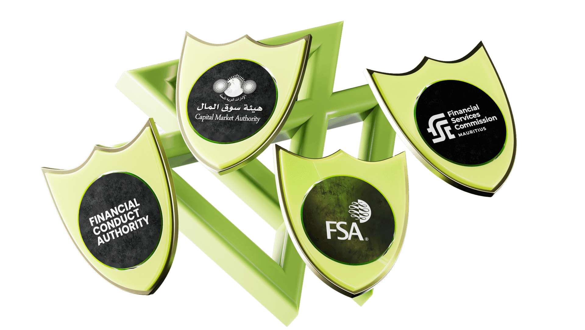 Lisensi regulasi CXM — perisai penghargaan FCA, CMA, FSC, dan FSA