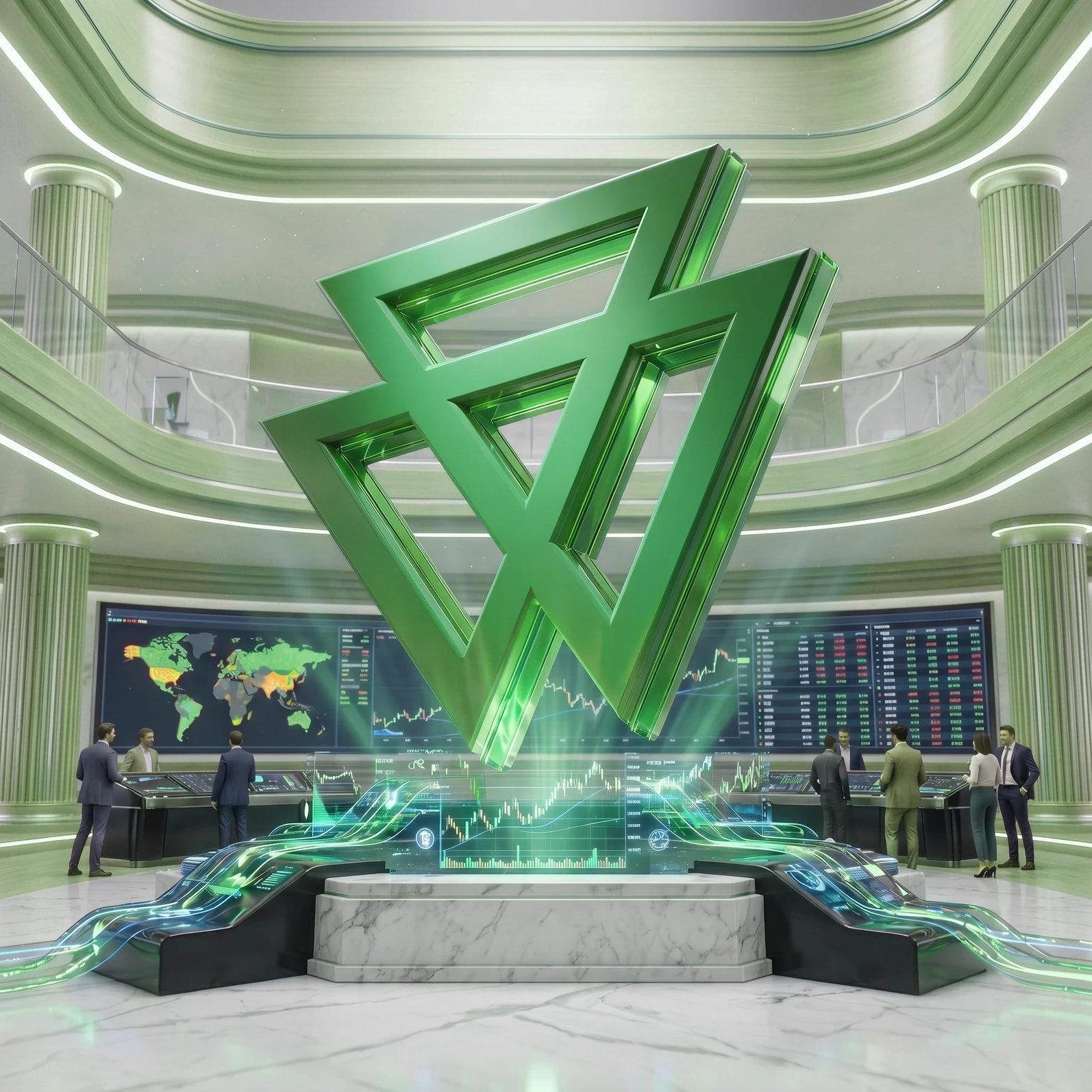 Centro de trading de CXM — un logotipo verde de CXM sobre un piso de mercado