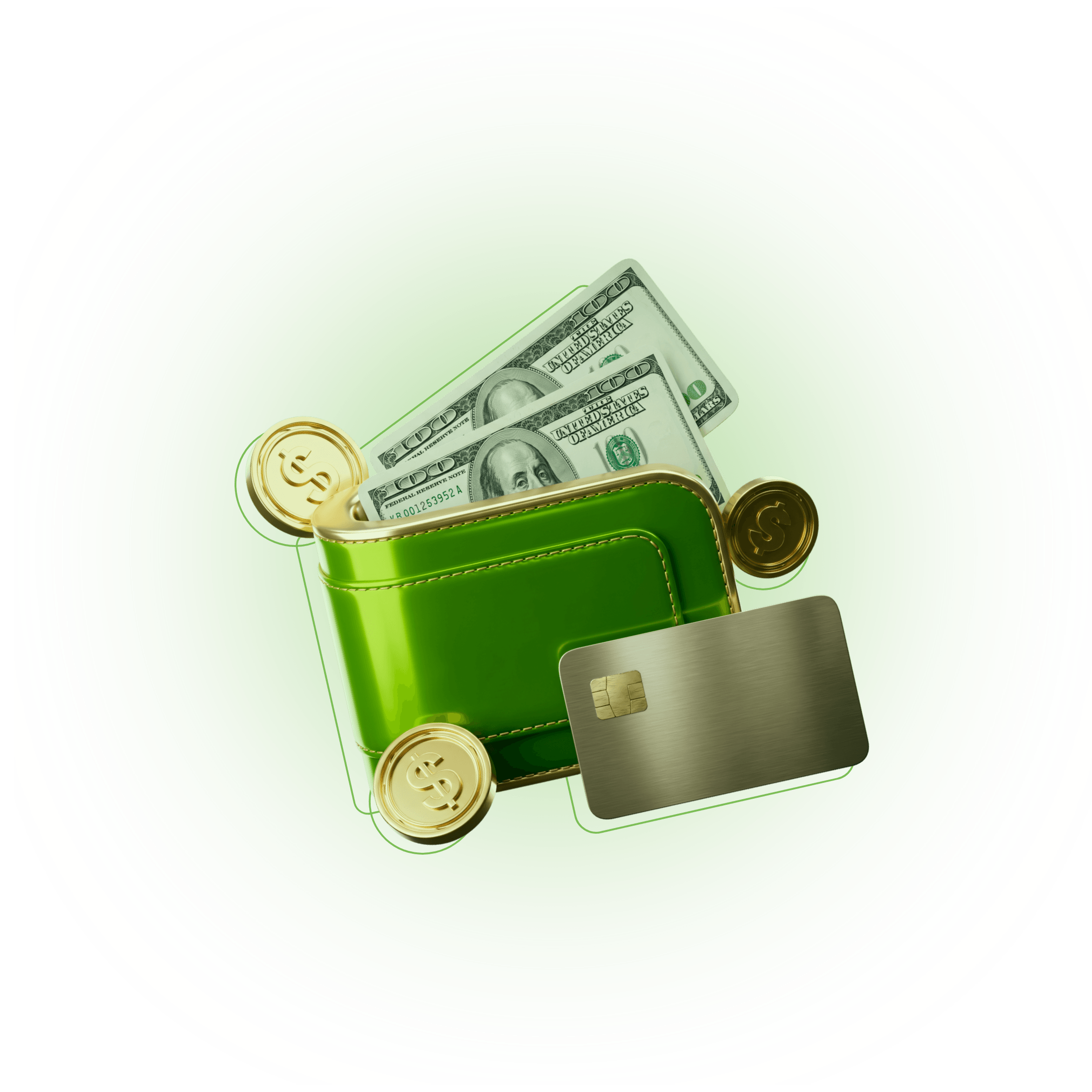 Wallet berisi uang tunai, koin, dan kartu yang mewakili imbalan CXM Earn