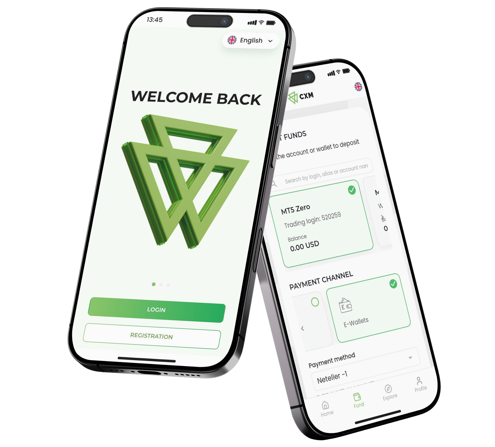 Aplikasi CXM Hub — layar Masuk dan akun pada dua ponsel