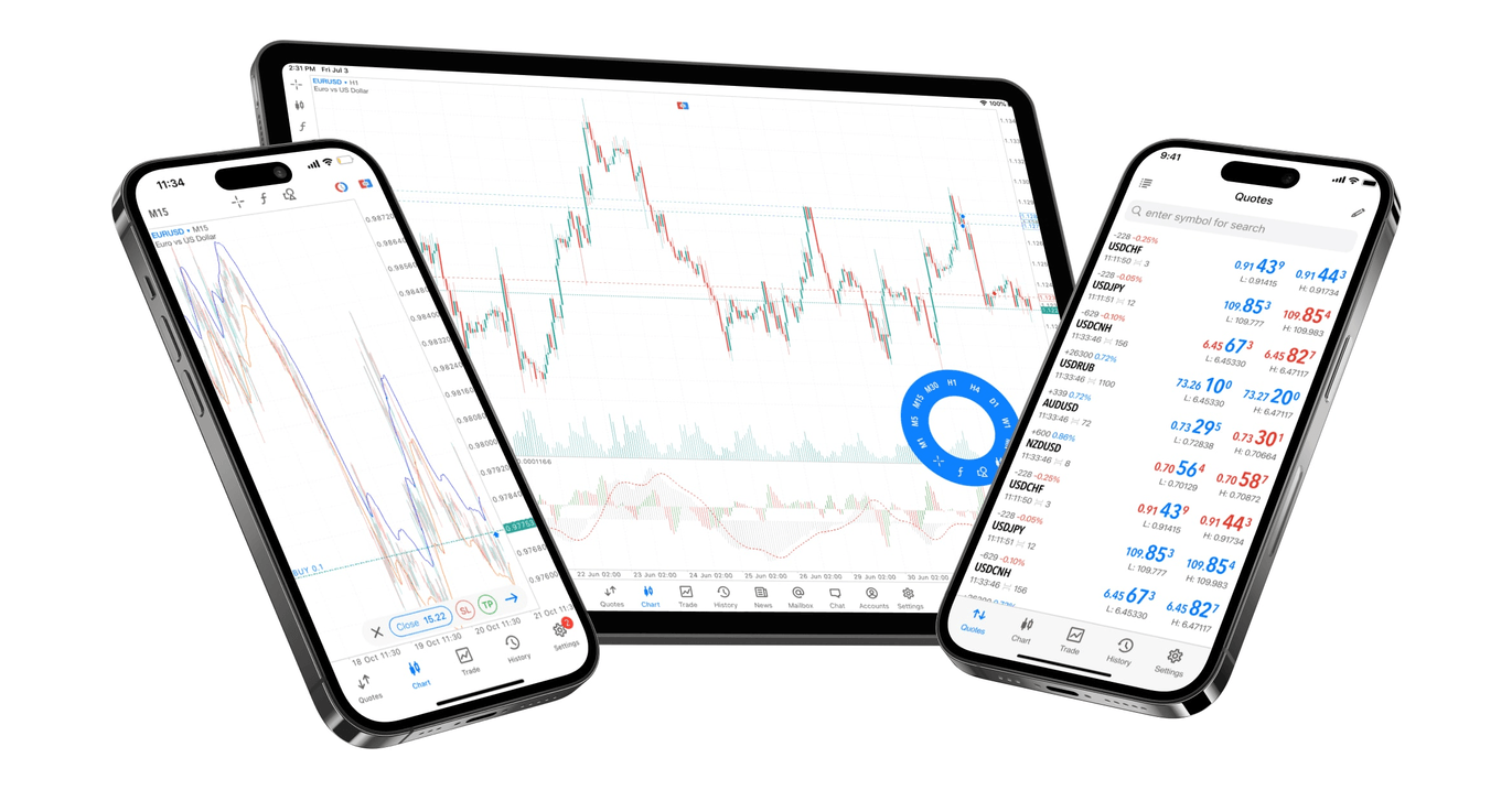 Platform MetaTrader 5 di laptop dan mobile dengan logo MT5