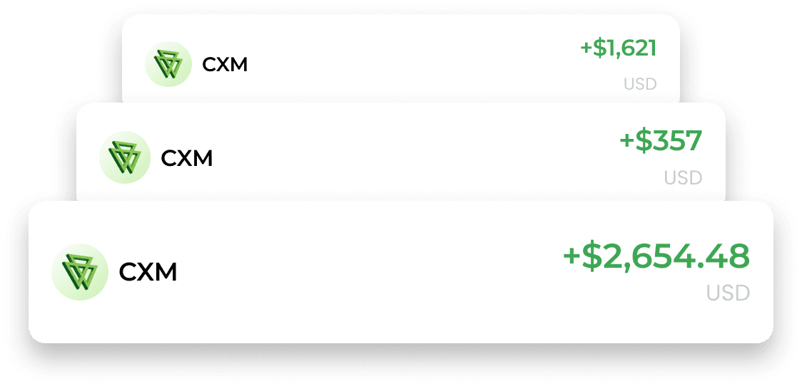 Historial de transacciones de rebates de CXM con pagos de USD 1.621, USD 357 y USD 2.654,48