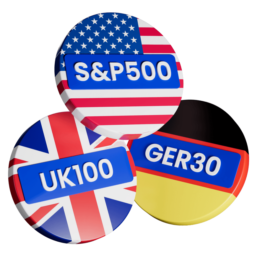 Ilustração 3D dos emblemas de índices S&P 500, UK100 e GER30